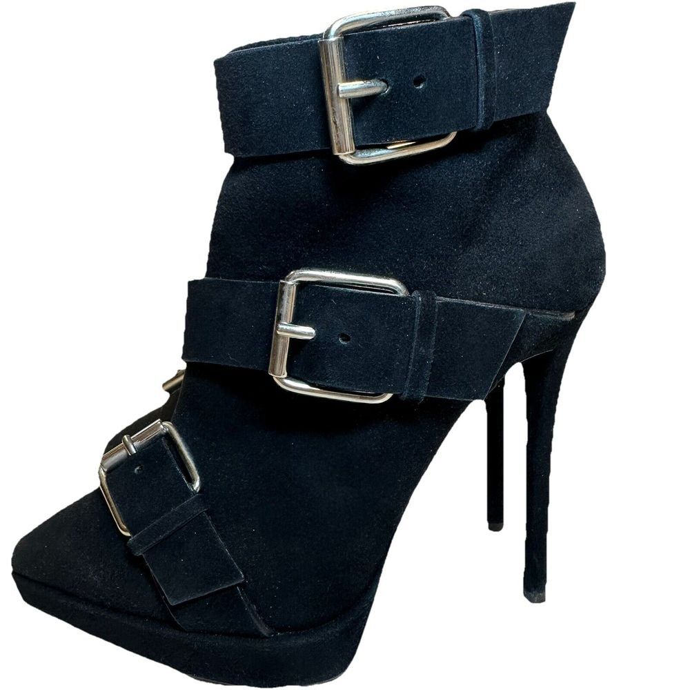 ZANOTTI BLACK SUEDE TRIPLE BUCKLE EMY PLATFORM HEELS ANKLE BOOTS 38.5. Worn Once
